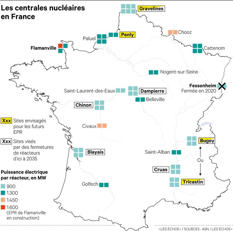 Carte des centrales nucléaires en France et des projets EPR